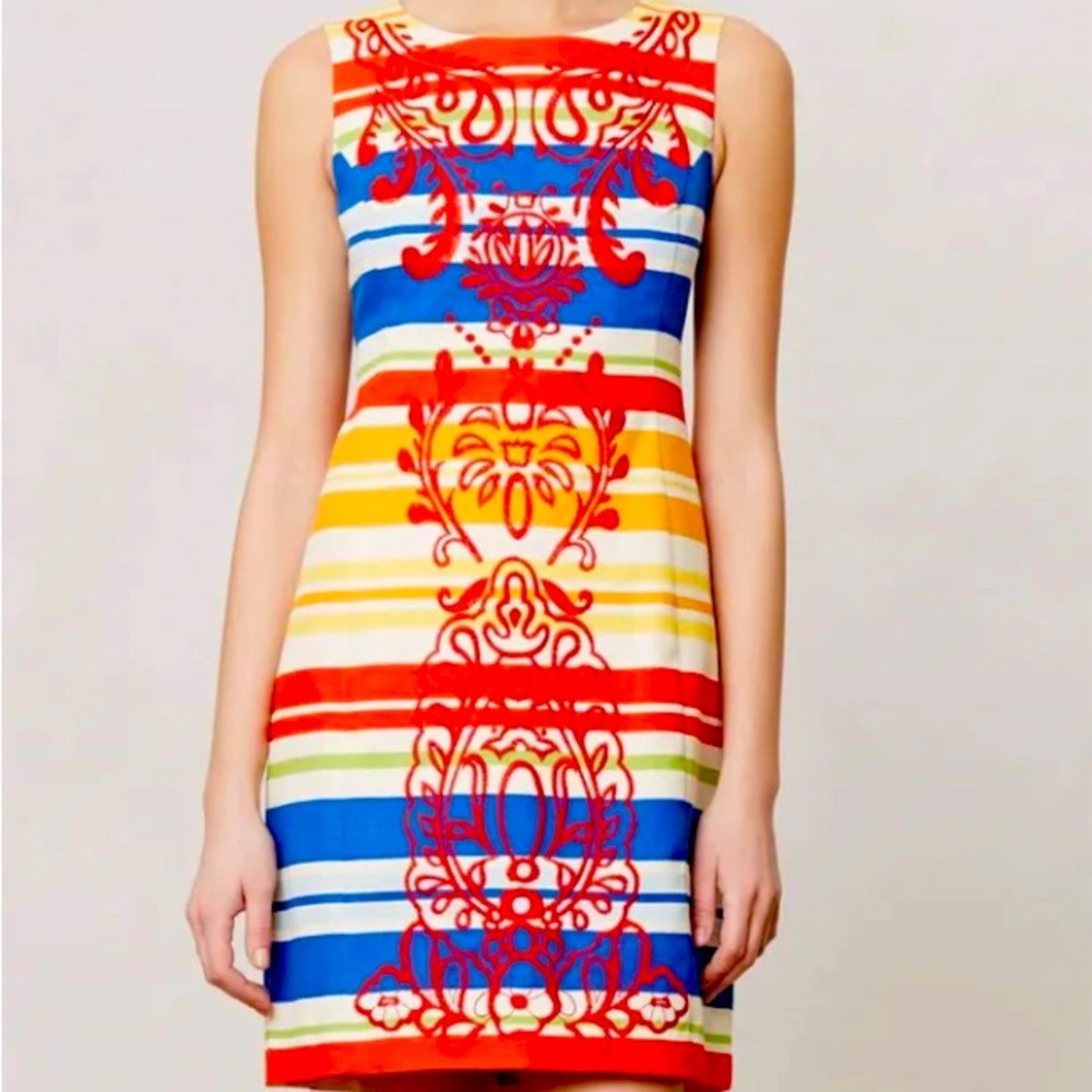 Banded Totem Shift Dress Red Orange Stripped 
By Tabitha sz 10 Anthropologie